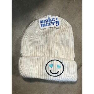 Make Merry Beanie Hat Cream White Smiley Face Hearts One Size